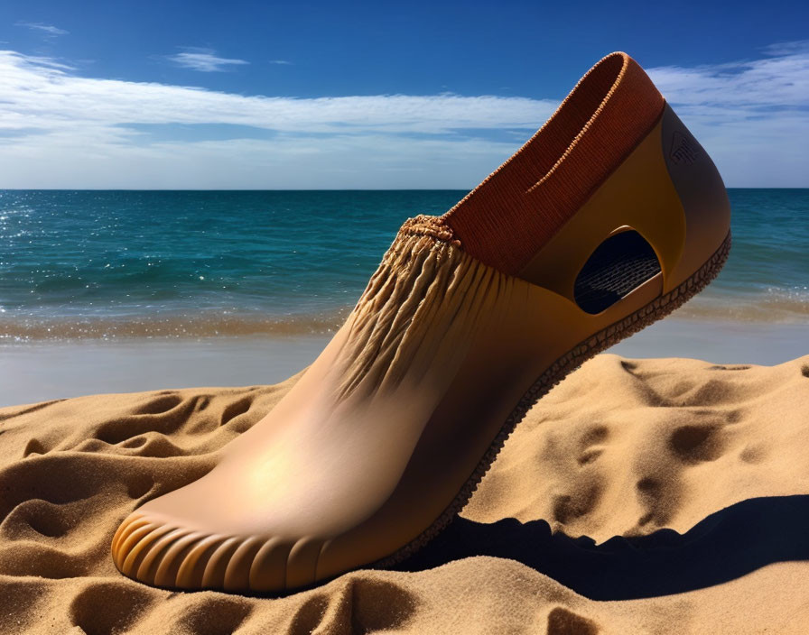 Large Orange Shoe Sculpture on Sandy Beach with Clear Blue Skies