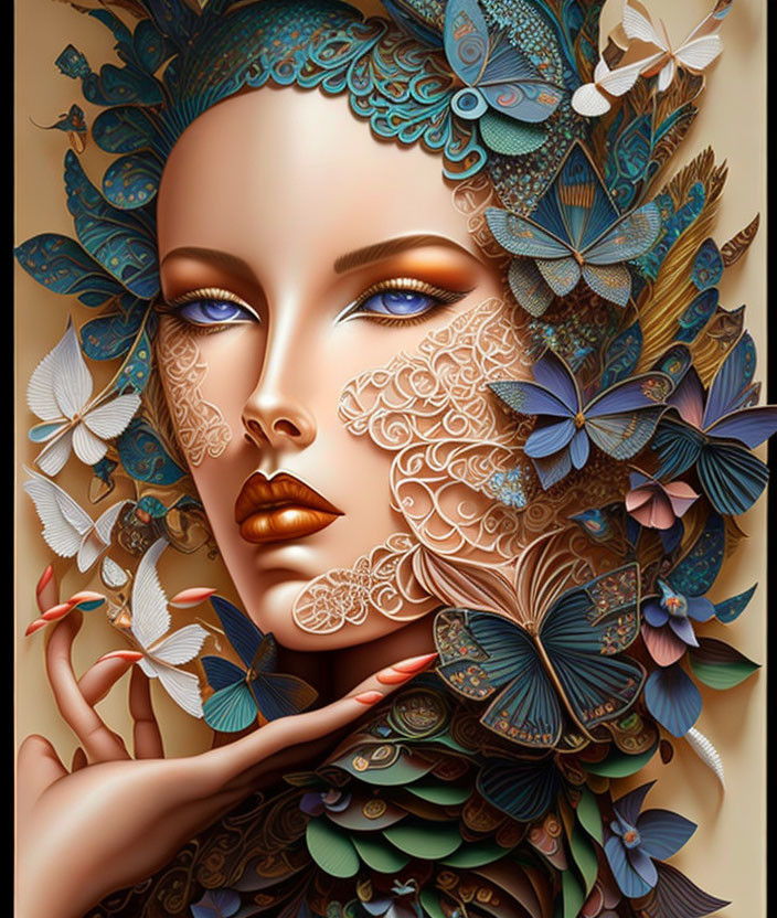 Digital Artwork: Woman with Teal and Brown Wings, White Flowers