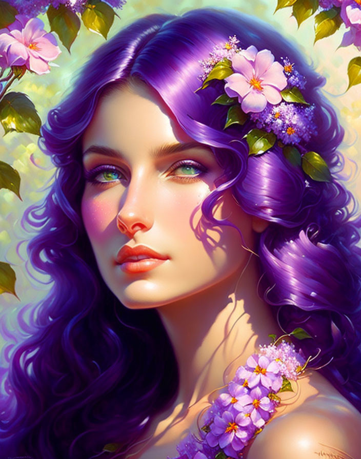 Woman with Violet Hair and Green Eyes Surrounded by Pink Flowers and Greenery