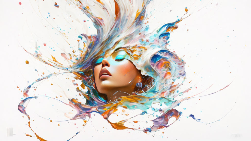 Woman with Closed Eyes in Vivid Multicolored Paint Splash Hairstyle