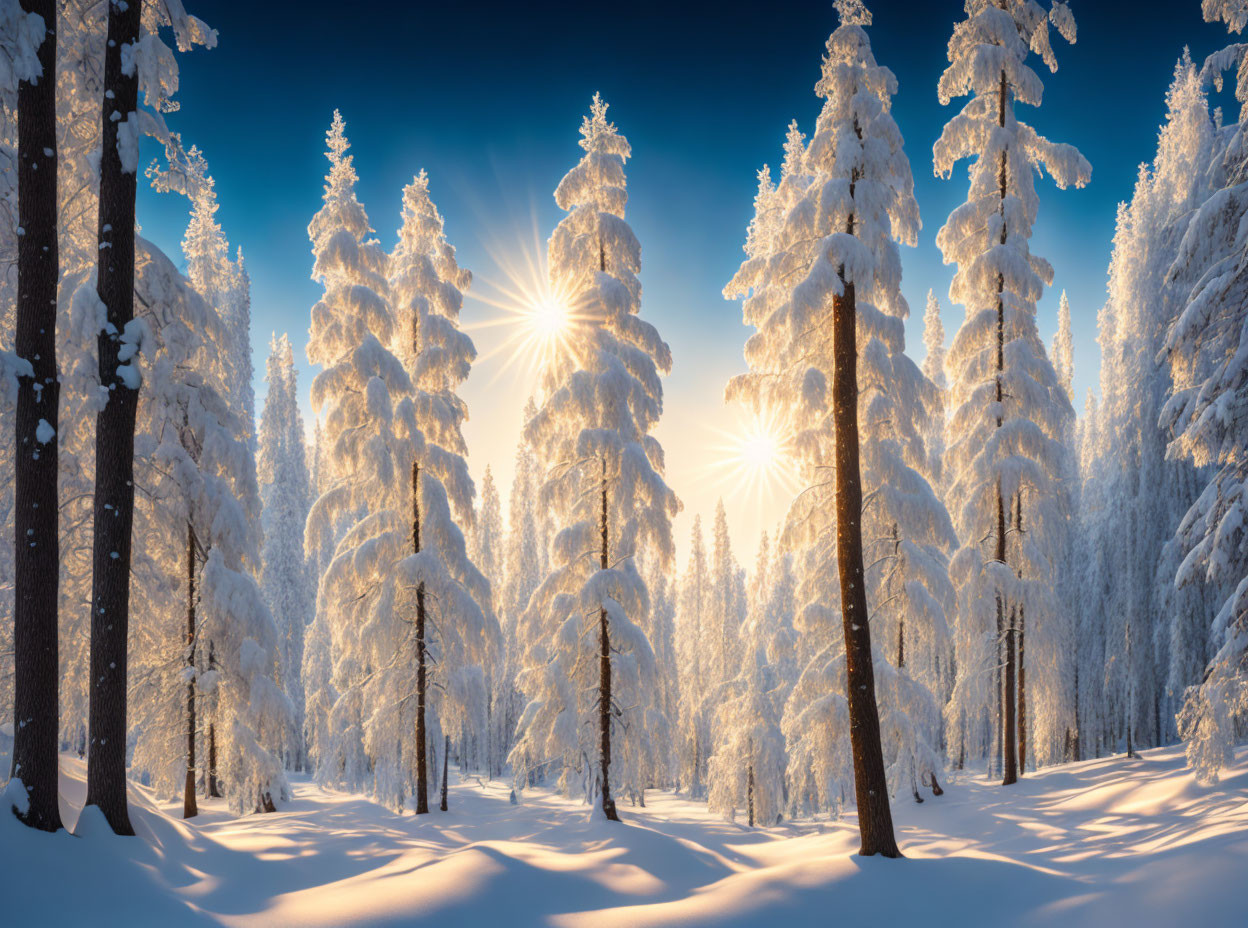 Snow-covered trees in serene winter landscape with warm sunlight and untouched snow