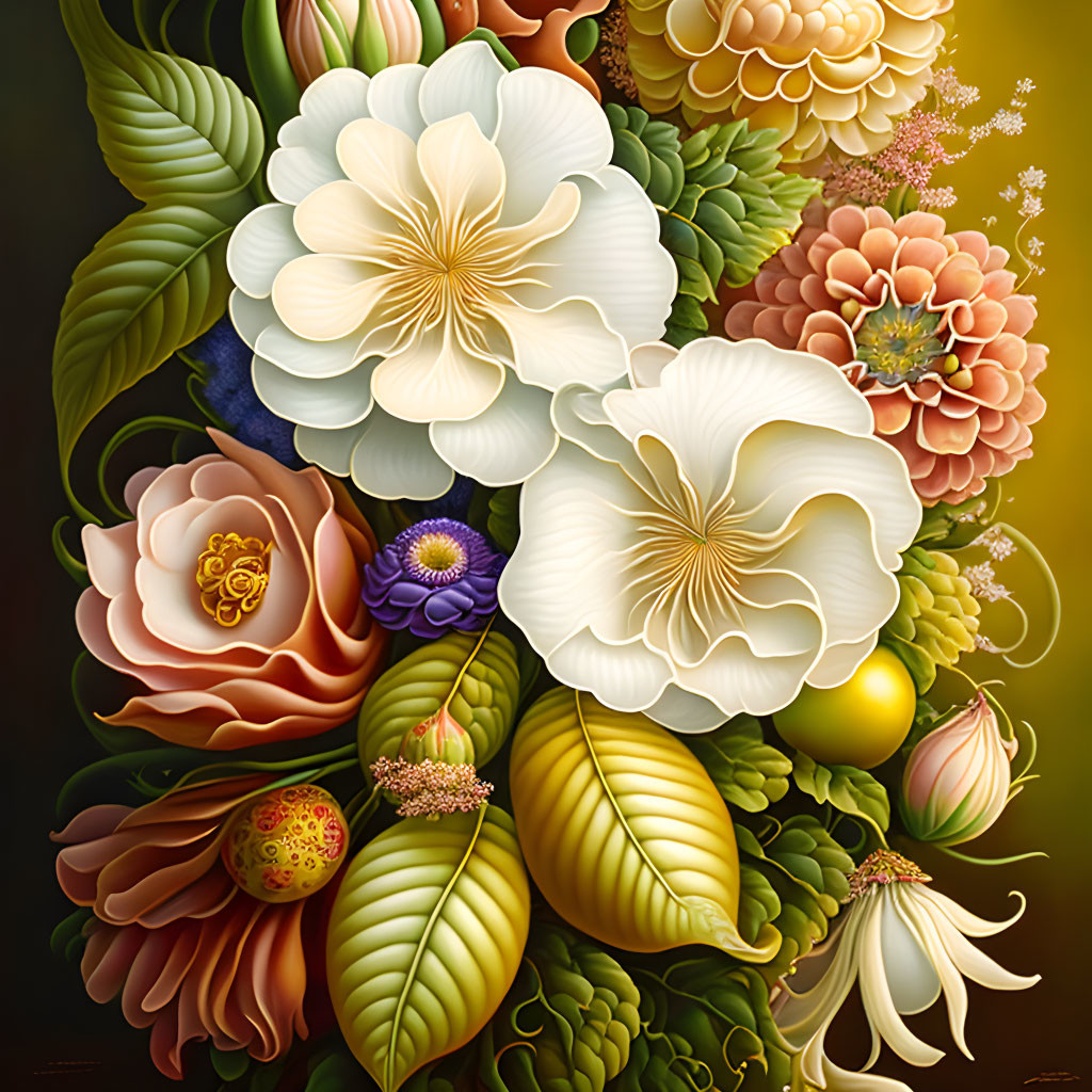 Colorful digital painting of mixed flowers in full bloom on a dark background