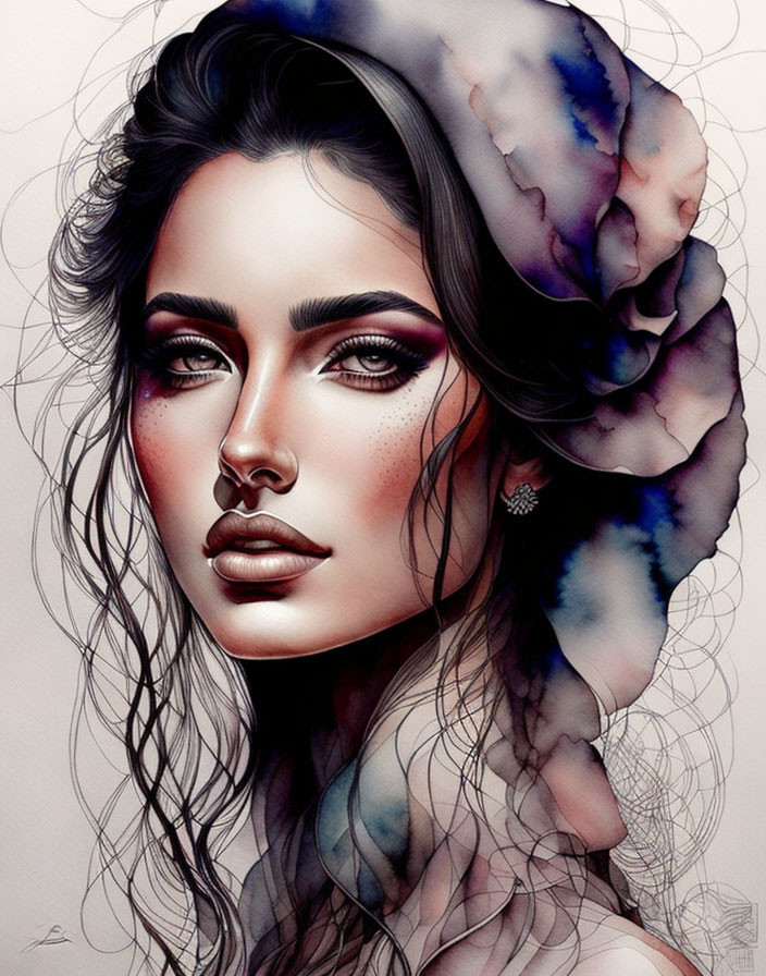 Detailed makeup woman illustration with prominent eyes and floral hair element