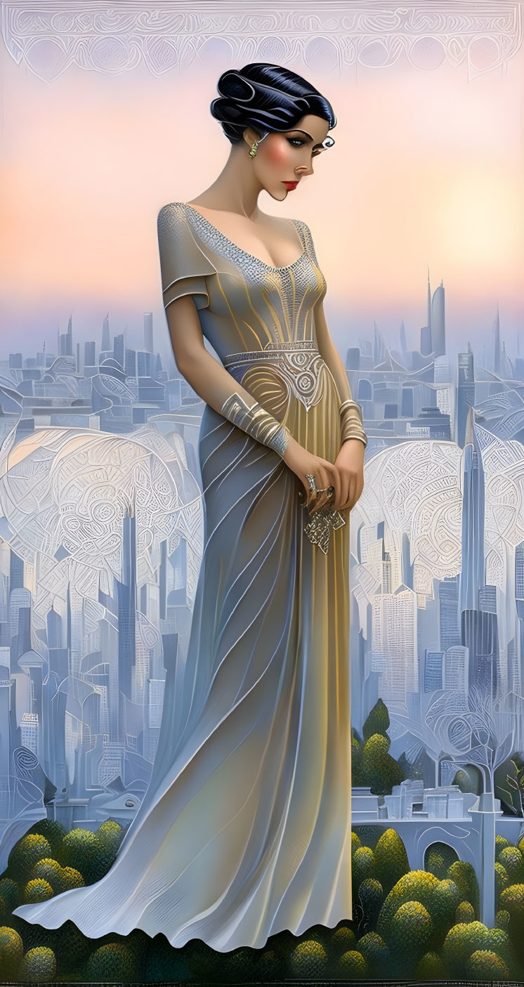 Illustration: Woman in gold-accented dress with modern cityscape and art nouveau details