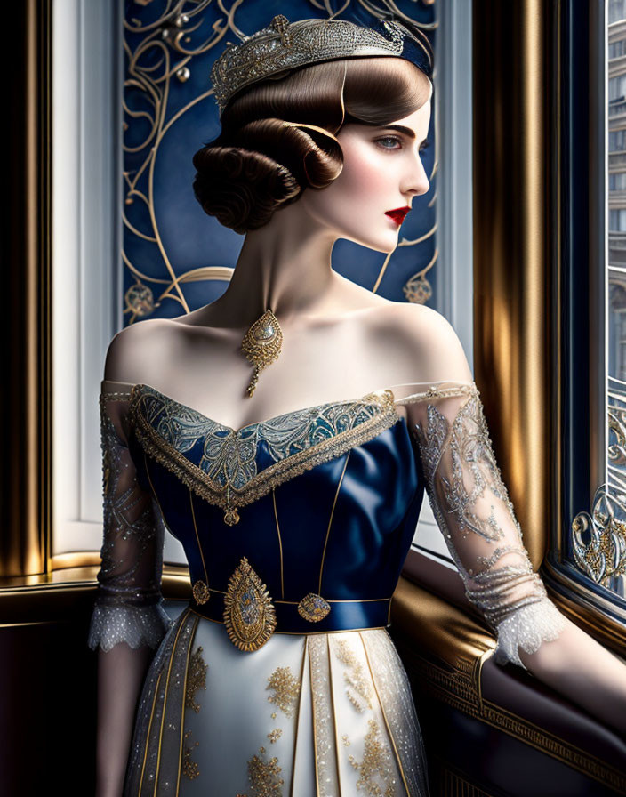 Woman in Luxurious Blue & Gold Gown with Jewelry, Hair & Makeup by Window