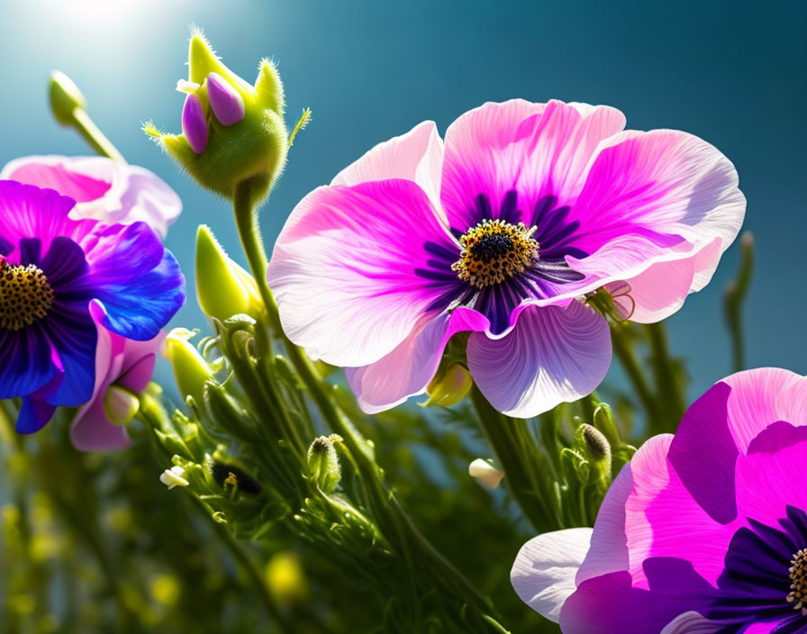 Colorful Pink and Purple Flowers with Yellow Centers in Sunlight against Blue Sky