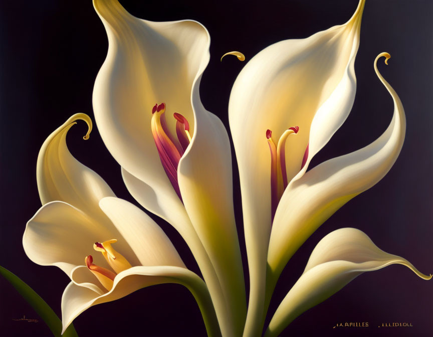 Realistic Painting of White Calla Lilies on Dark Background