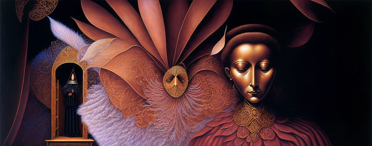 Regal figure with feather-like adornments in surreal artwork