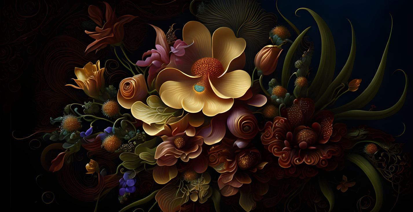 Detailed digital art: Rich, dark composition of intricate flowers and plants in gold, orange, and red