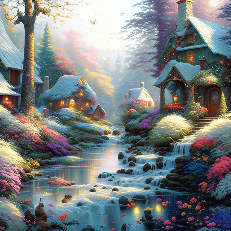Quaint fairy-tale village with vibrant flowers and serene stream