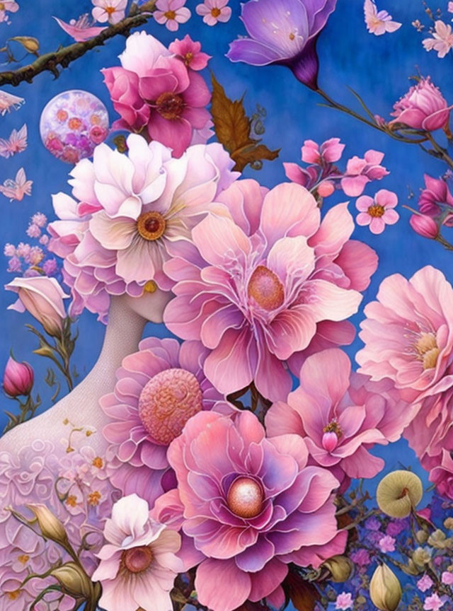 Colorful artwork of pink and purple flowers on a blue background