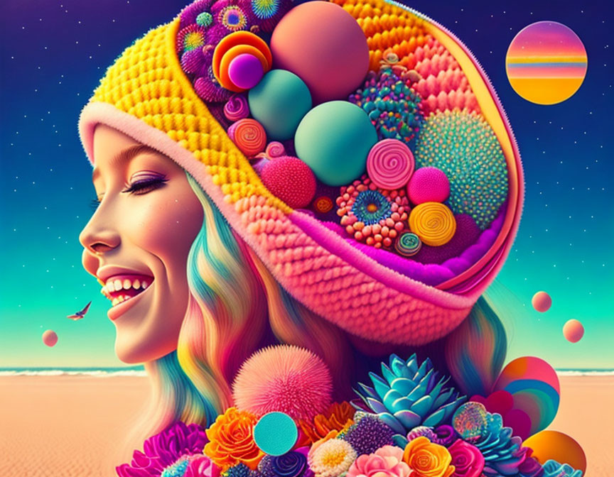 Colorful digital artwork: Smiling woman with whimsical brain objects against surreal sunset sky