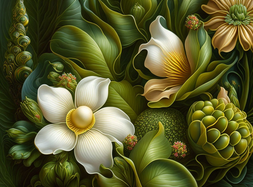 Detailed Illustration of Lush Green Leaves and Blooming Flowers