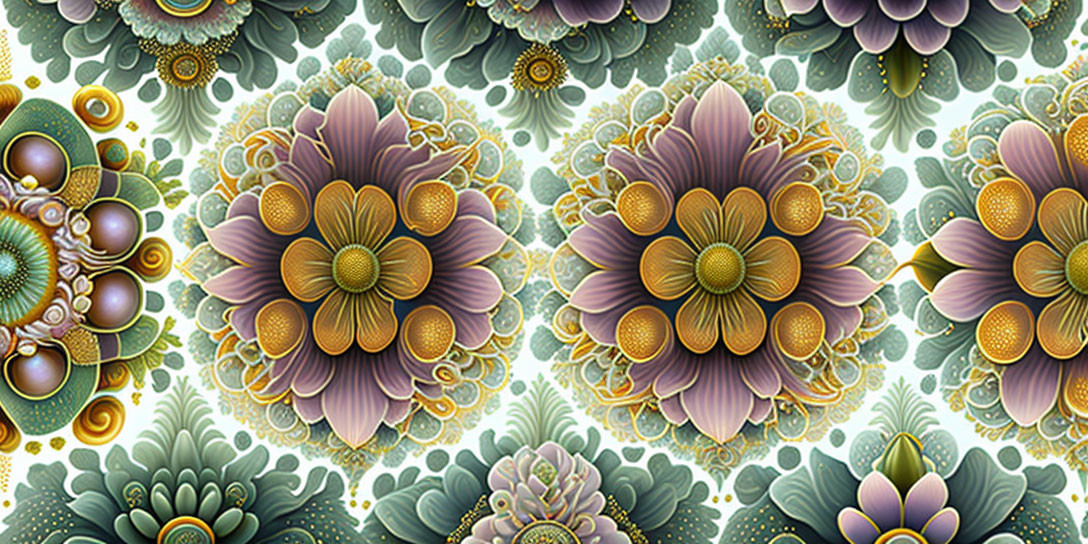 Intricate Symmetrical Floral Fractal Pattern in Purple, Gold, and Green