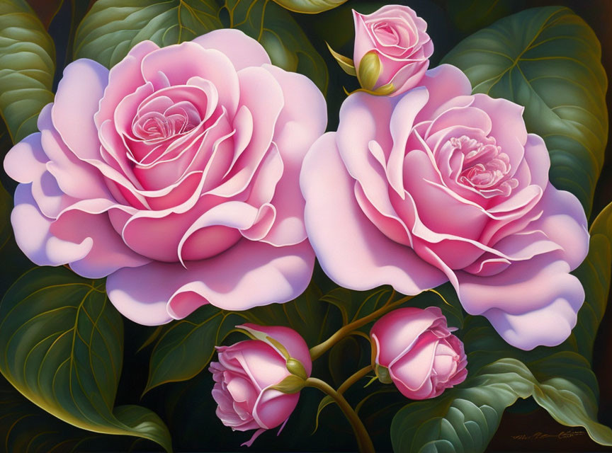 Three Pink Roses Painting with Dark Background