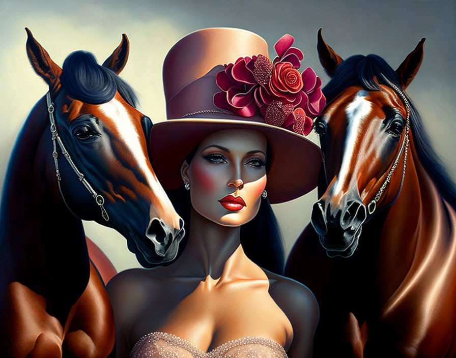 Woman in Elegant Hat with Flowers Surrounded by Majestic Horses