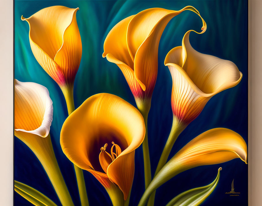 Colorful Calla Lilies Painting with Yellow and Orange Hues on Dark Green Background