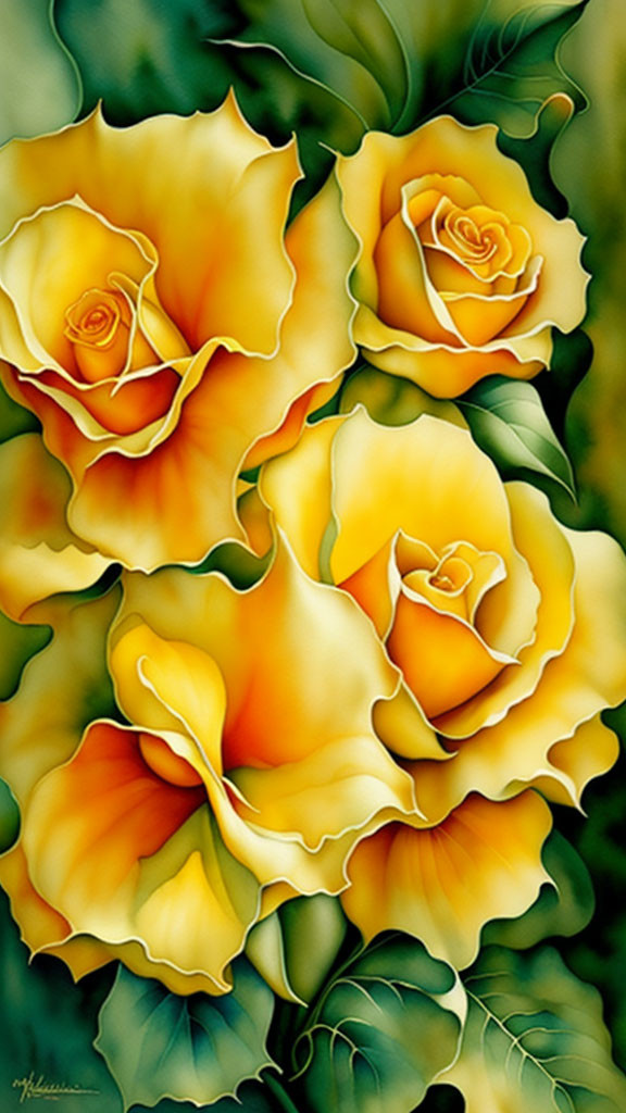 Three Yellow Roses Illustration on Soft Green Background