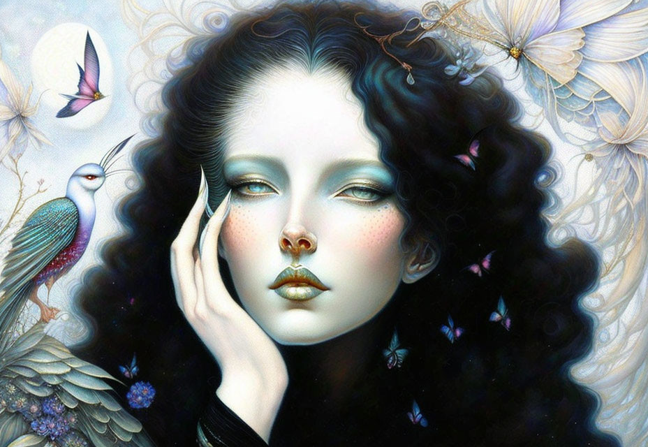 Fantastical portrait of a pale-skinned woman with dark hair, surrounded by butterflies and birds