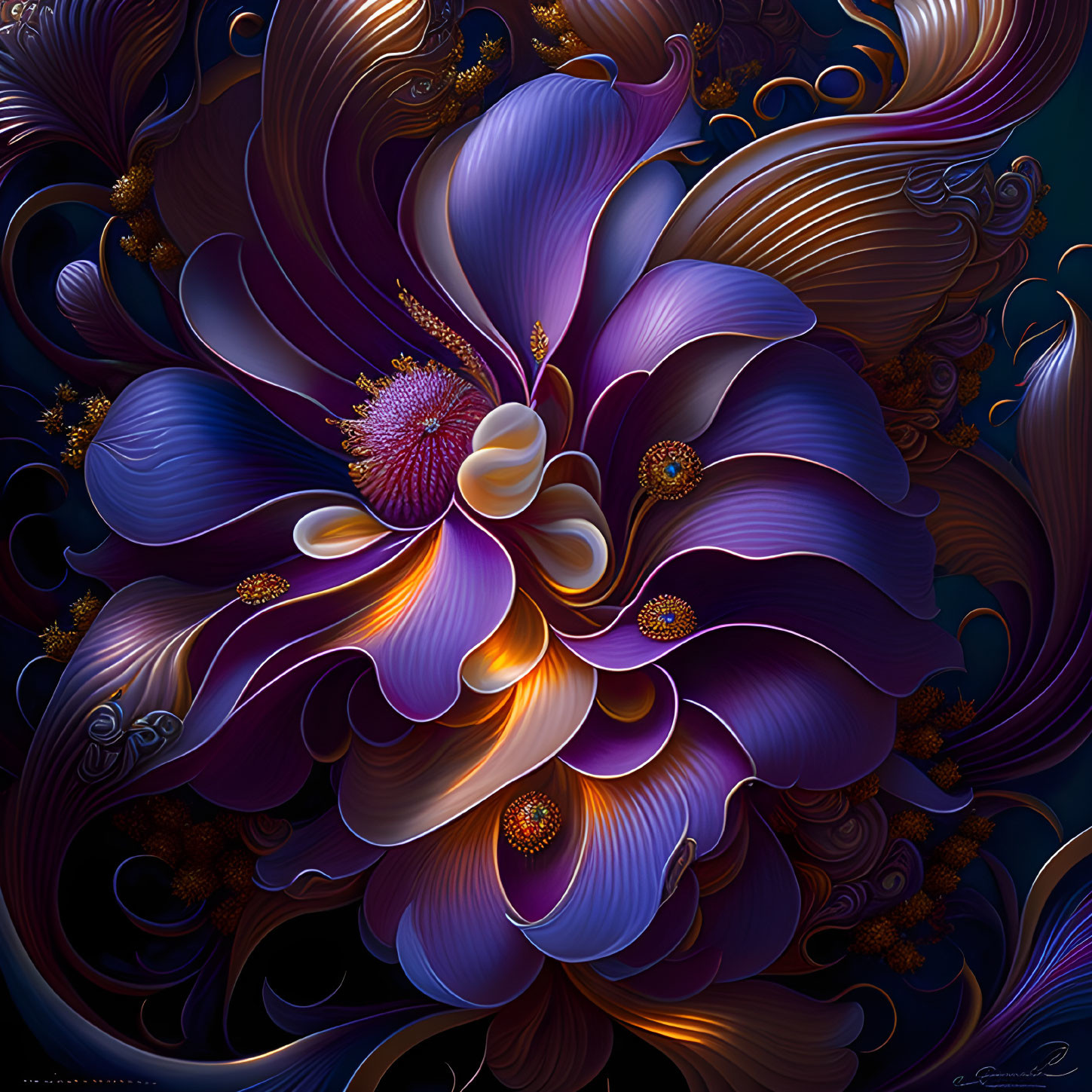 Intricate violet flower digital art with gold accents