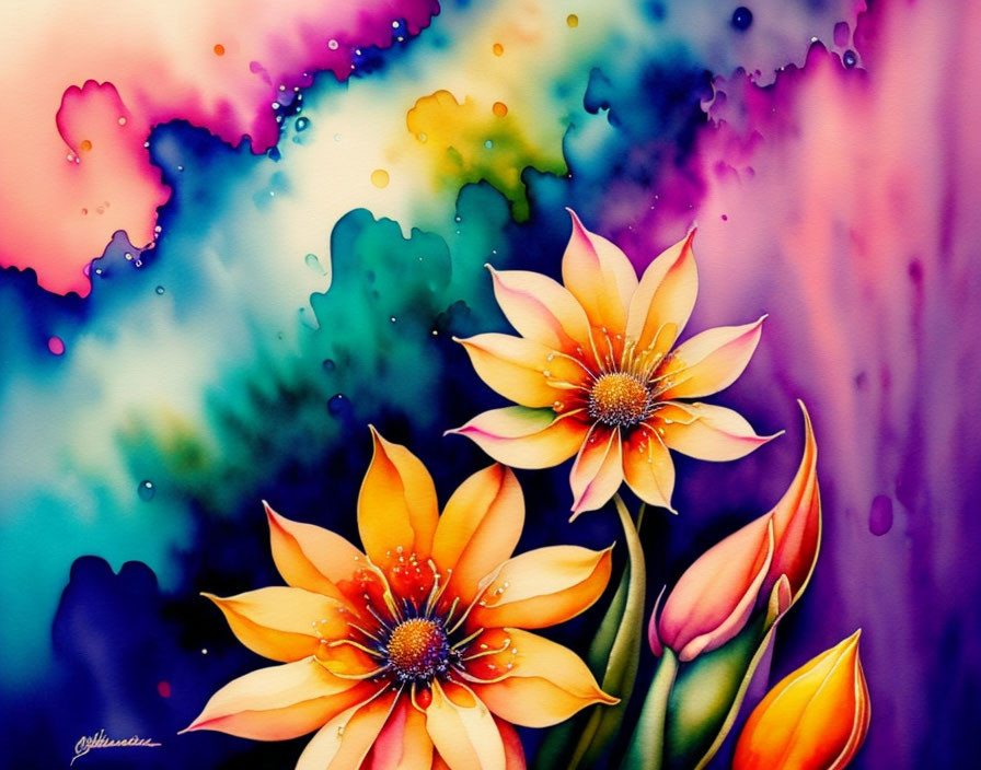 Colorful Watercolor Painting of Orange-Yellow Flowers on Multicolored Background