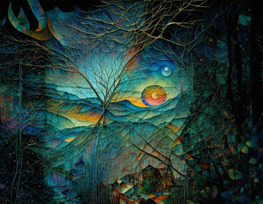Surreal forest painting with vibrant eye, moon, and stars