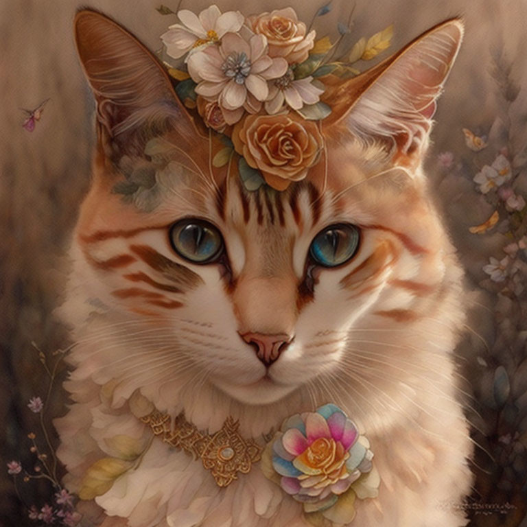 Blue-eyed cat with floral adornments in warm background with butterflies.