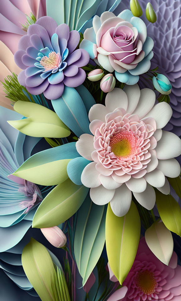 Detailed Pastel Floral Arrangement with Intricate Stylized Flowers