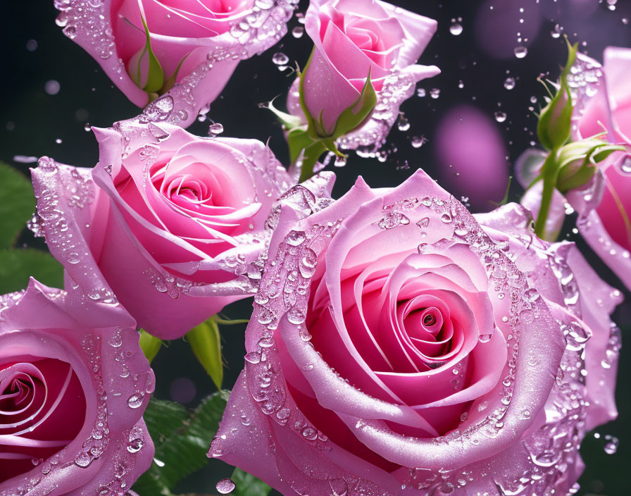 Vibrant pink roses with water droplets on dark backdrop