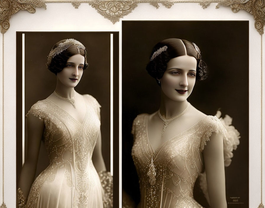 Sepia-Toned Vintage Portrait of Woman in Beaded Gown and Headpiece