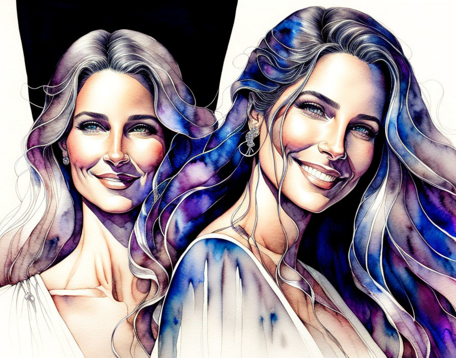 Vibrant dual portrait of smiling woman with long wavy hair