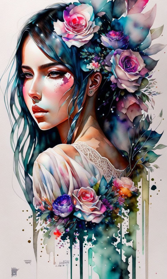 Colorful watercolor painting of woman with blue hair and floral adornments
