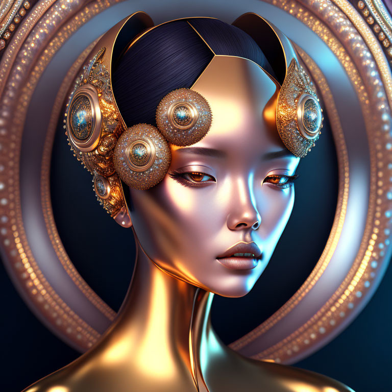 Digital Artwork: Woman with Golden Ornate Headgear and Glowing Eyes on Blue Background