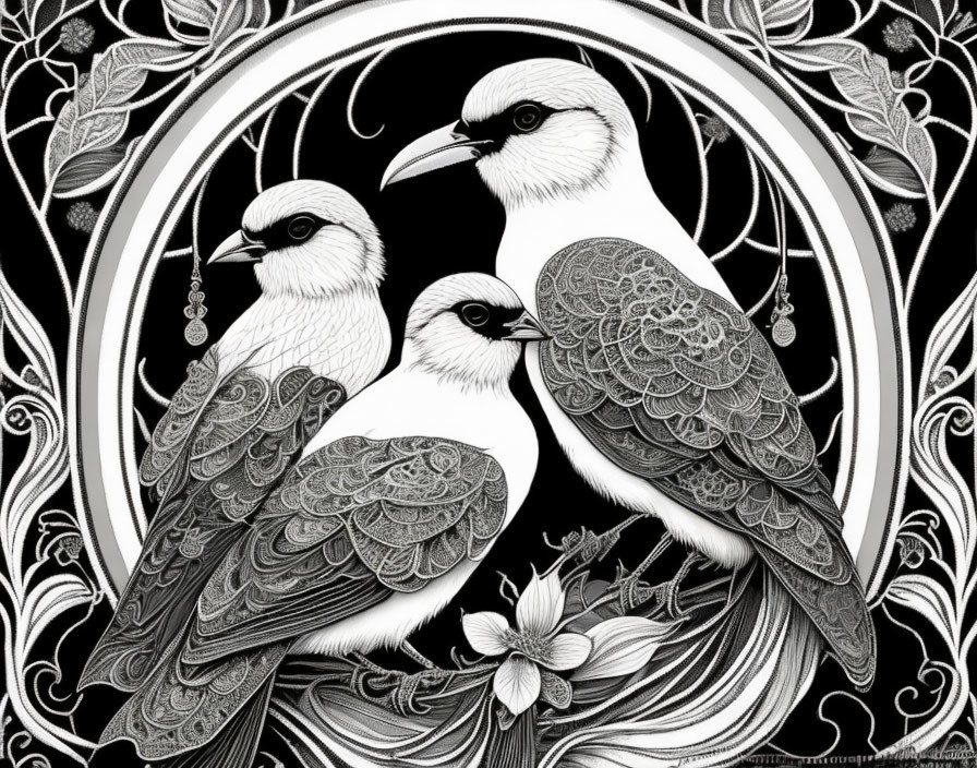 Monochrome illustration of three stylized birds with intricate feather patterns among floral swirls on black.