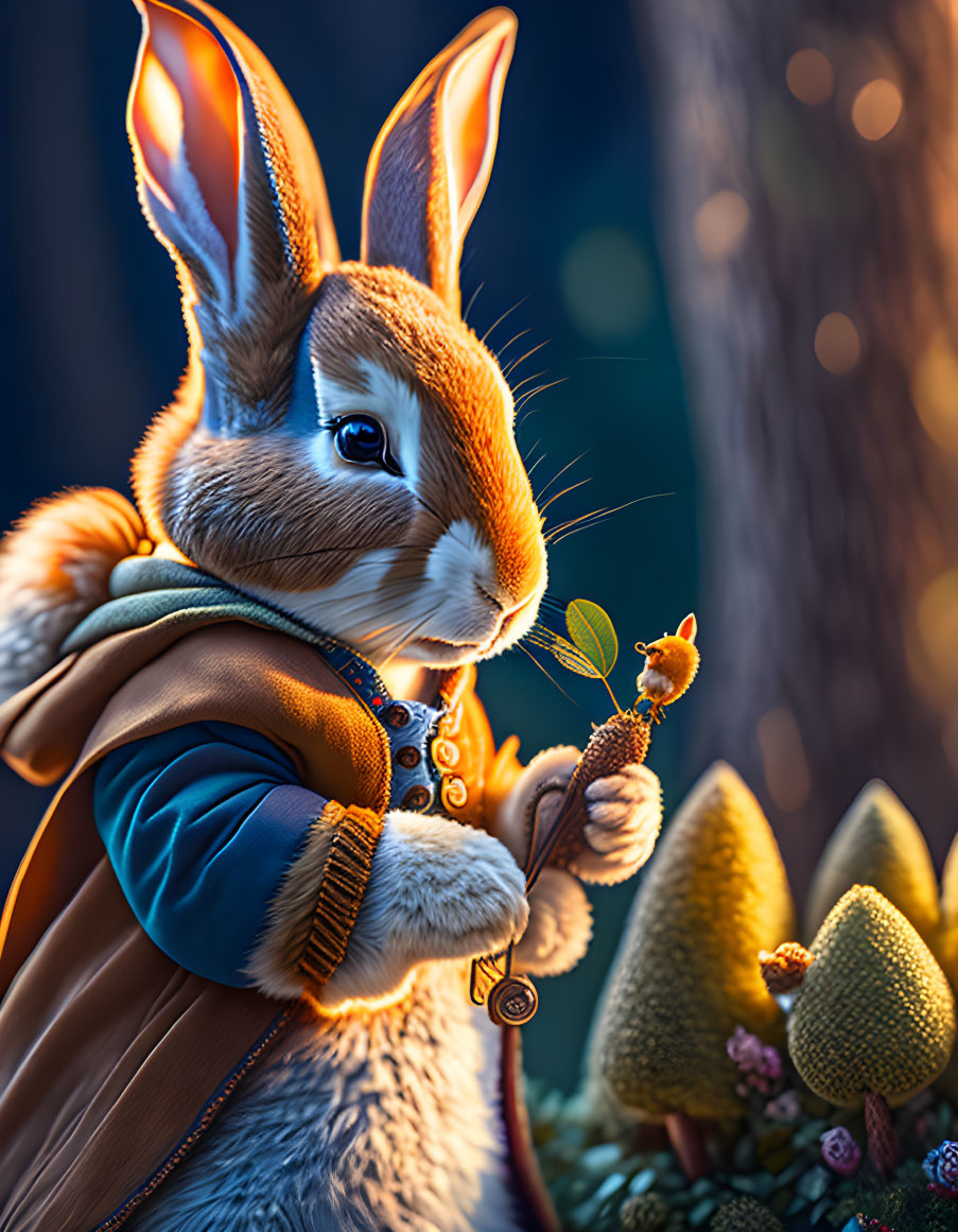 Anthropomorphic rabbit in jacket with small plant in mysterious forest.
