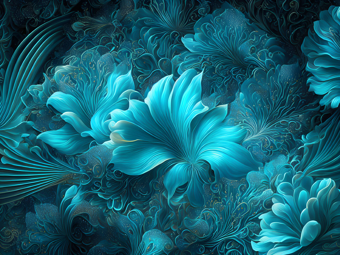 Floral digital artwork with teal and blue swirling patterns