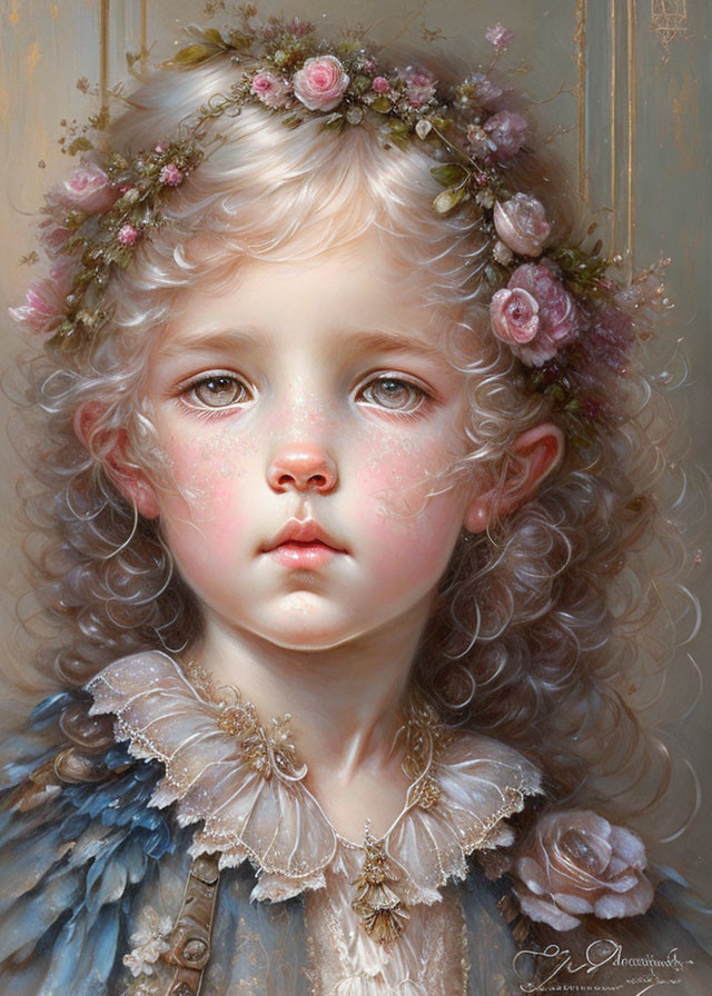 Portrait of a young child with floral crown and vintage attire