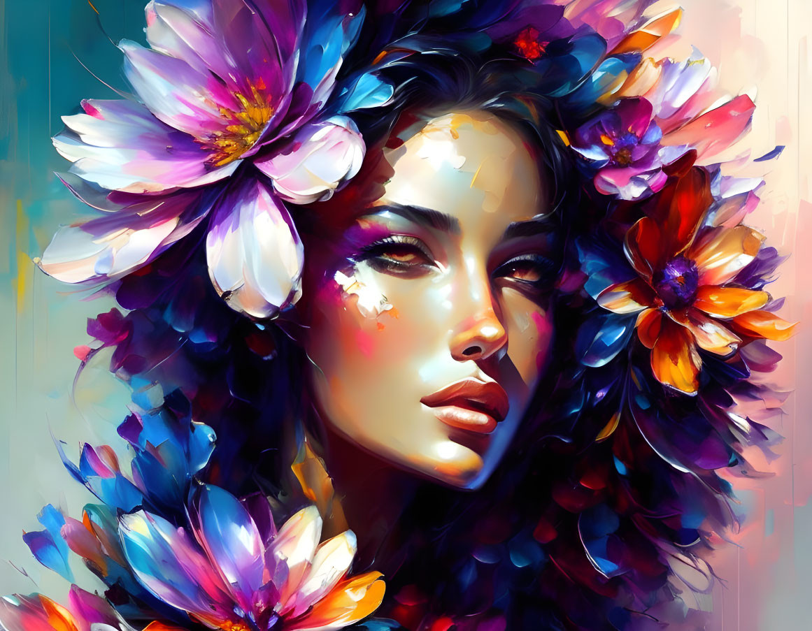 Colorful digital artwork: Woman with floral hair in dreamy style
