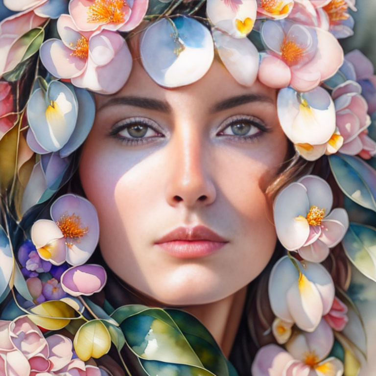 Woman with pink and white floral wreath gazing ahead