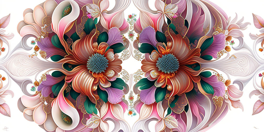 Symmetrical digital artwork of intricate, multi-layered flowers in pink, orange, and purple hues with