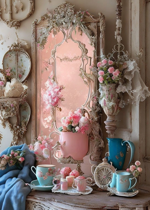 Ornate Mirrors, Flower Vases, Teacups in Pastel Colors on Rustic