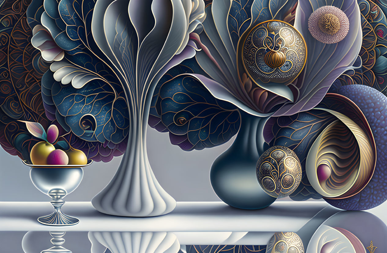 Ornate trees, reflective surfaces, intricate patterns, and a chalice with fruit in surrealistic