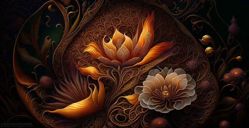 Intricate dark fantasy floral illustration with gold and bronze patterns