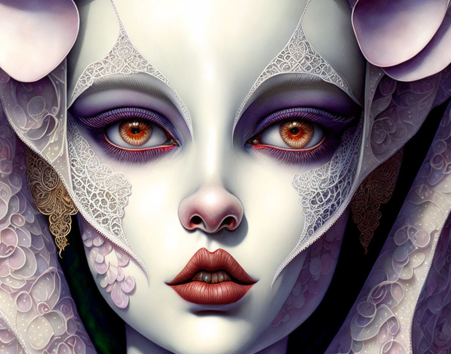 Surreal portrait of female figure with lace-like patterns and purple eyes