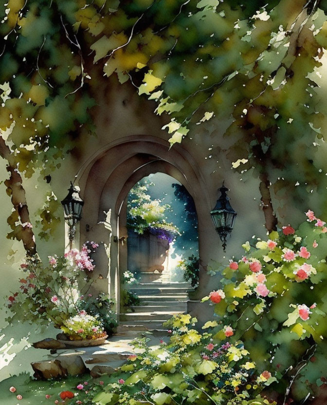 Tranquil watercolor garden archway with blooming flowers