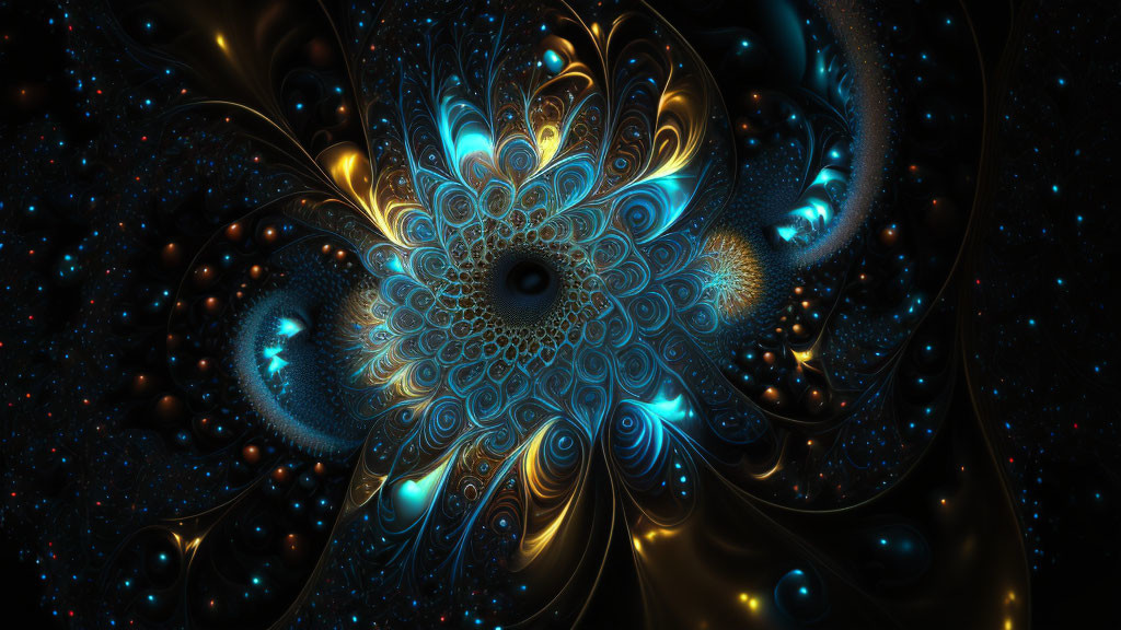 Abstract Fractal Image: Luminous Flower Pattern in Blue and Gold on Dark Background