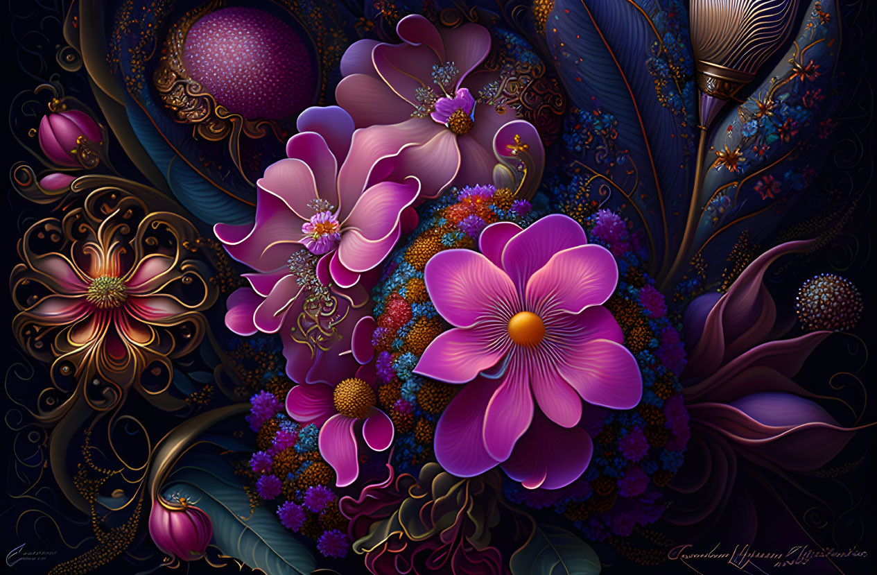 Colorful Stylized Flower Digital Art with Intricate Patterns on Dark Background