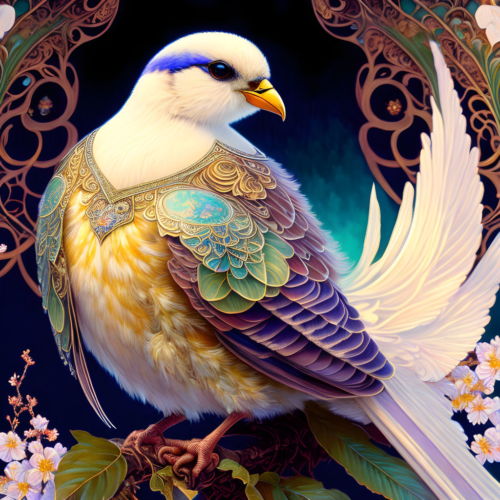 Ornate golden-armored bird with white plumage on floral background