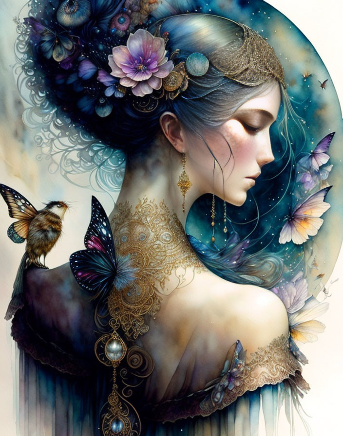 Fantasy-themed illustration: Woman adorned with flowers, butterflies, and intricate jewelry