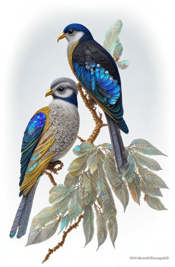 Ornately patterned birds with iridescent feathers on branch with detailed leaves